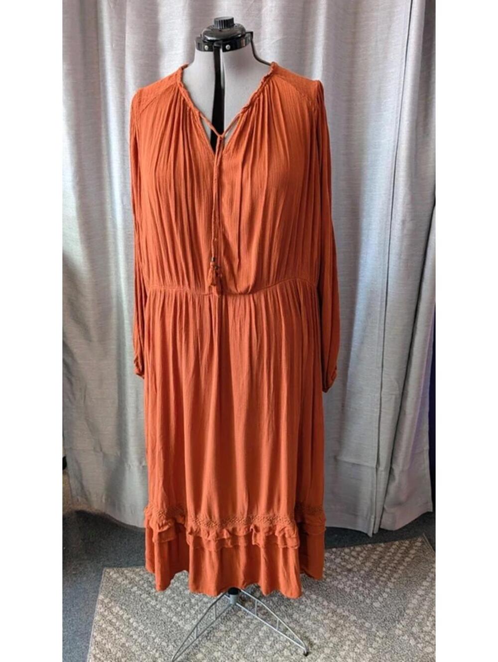 Knox Rose Rust Orange 100% Rayon Cottagecore Peasant Dress 4X